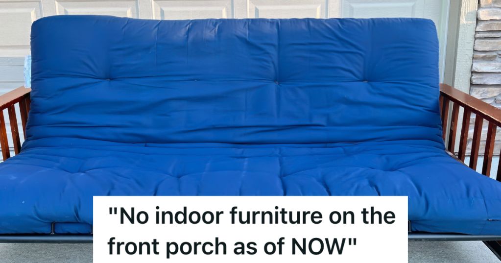 futon with blue cushion outside