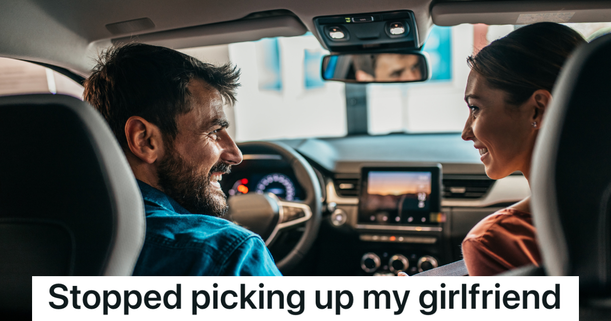 man driving car, woman in passenger seat