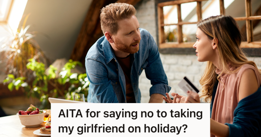 man upset at woman holding credit card