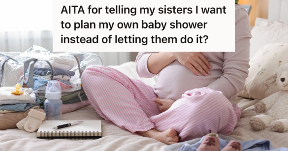 pregnant woman sitting in bed with notebook and baby items