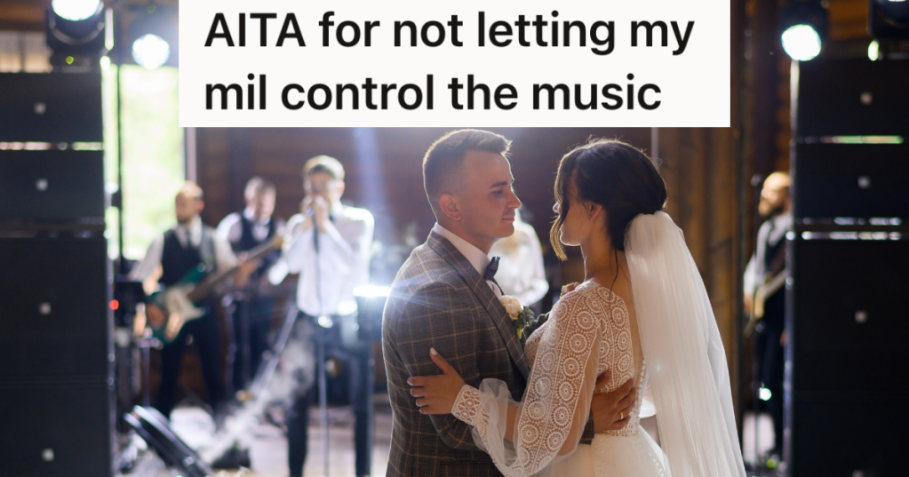 bride and groom dancing while band plays at wedding
