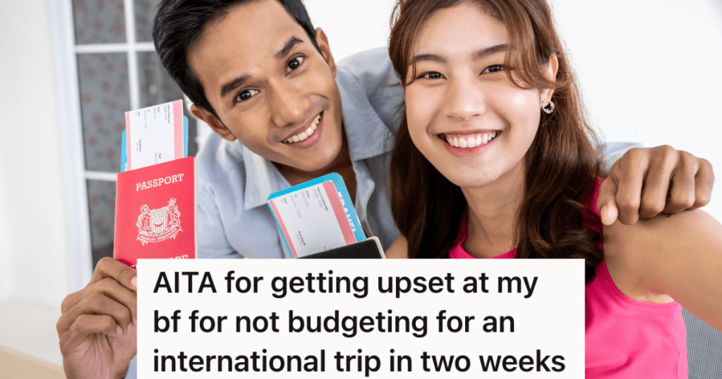 young couple excitedly holding passports and airline tickets