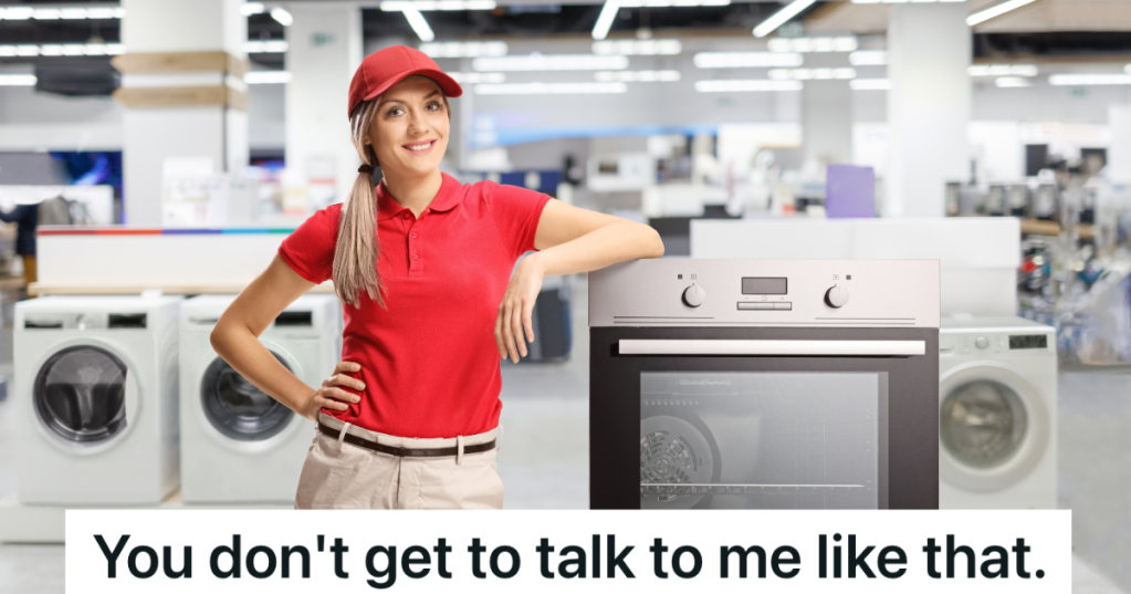 smiling retail employee in red shirt in appliance store
