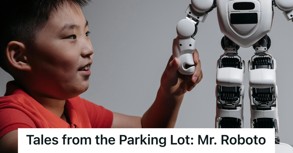 kid playing with a robot toy