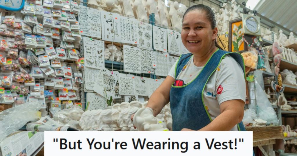 Woman wearing a vest while working at a crafts store