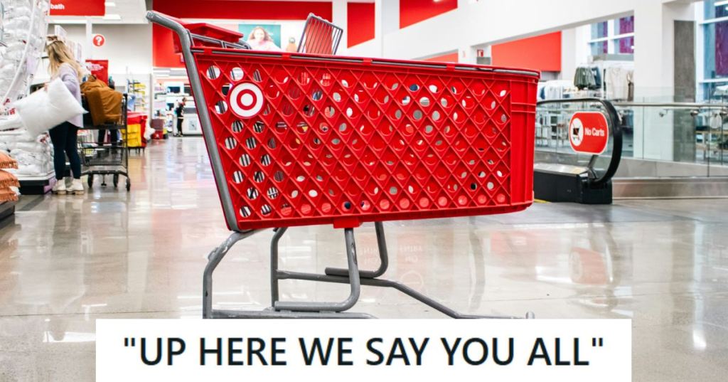 Red shopping cart parked in the middle of a Target Store