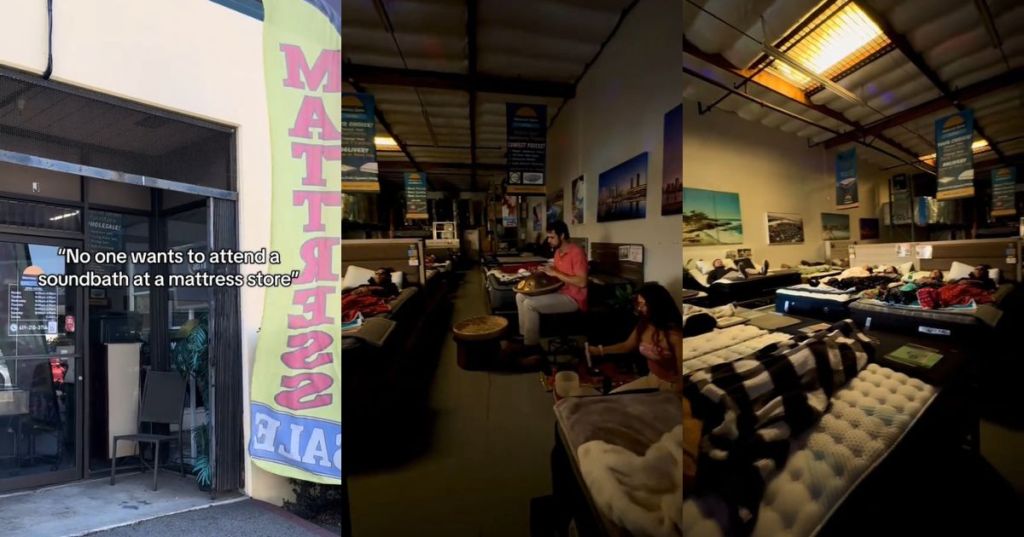 A sound bath happening in a mattress store