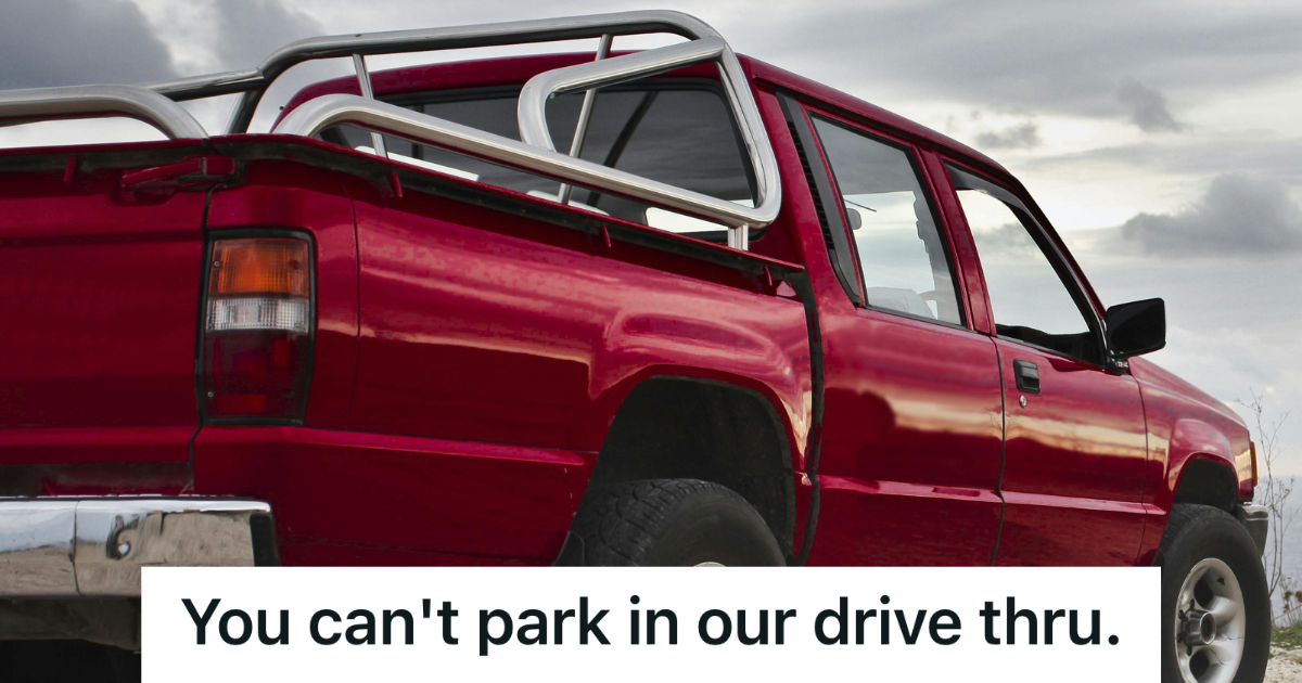 big red pickup truck