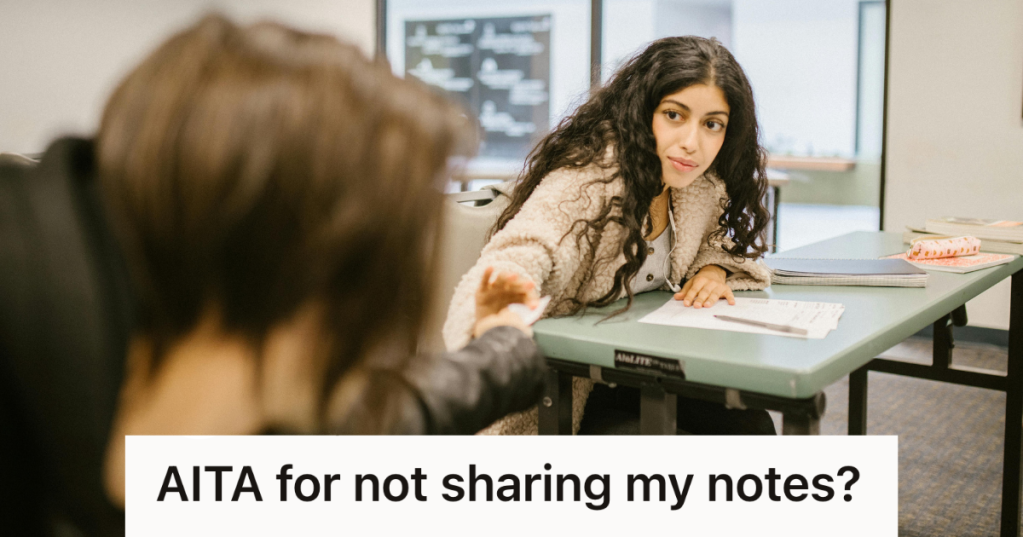 college students sharing notes in a classroom