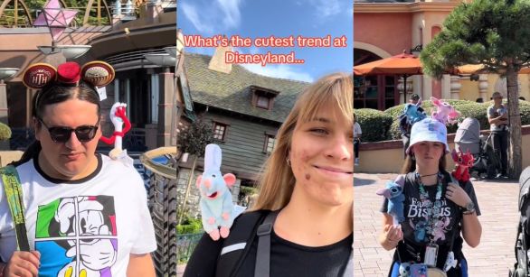 People with Disney plushies on their shoulders at Disneyland