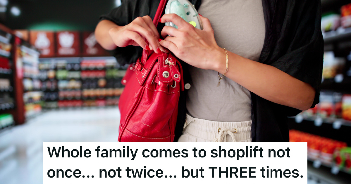 A Family Of Three Kept Stealing From Their Store, But The Third Time Wasnt The Charm woman shoplifting an item into her purse