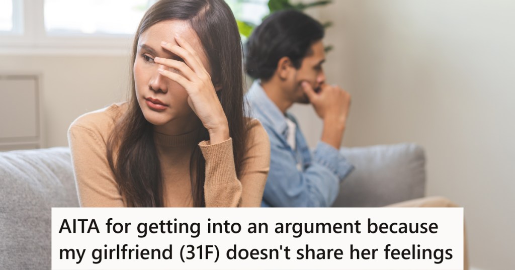 A tense couple sitting on a couch