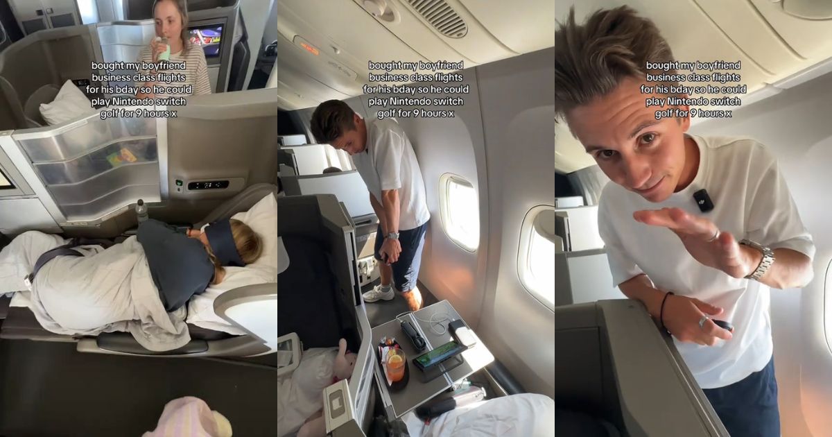 Couple Sparks Extremely Important Controversy By Playing Switch Golf In Airline First Class A man playing Switch Golf in first class on a plane