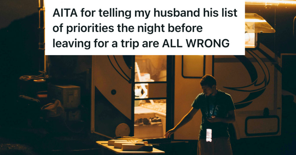 husband preparing a camper at night