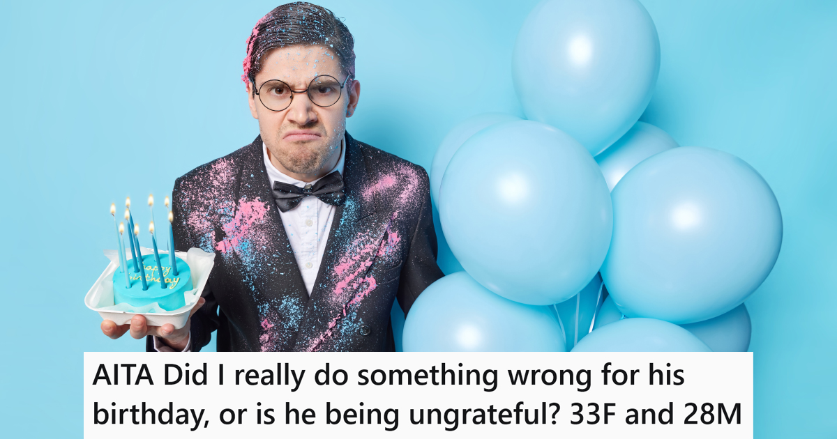 An angry man with birthday decorations