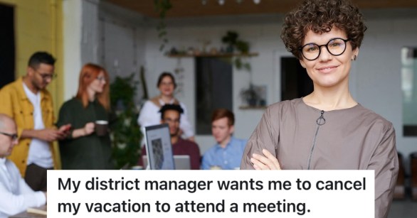 employees in a meeting with one person smiling and crossing her arms