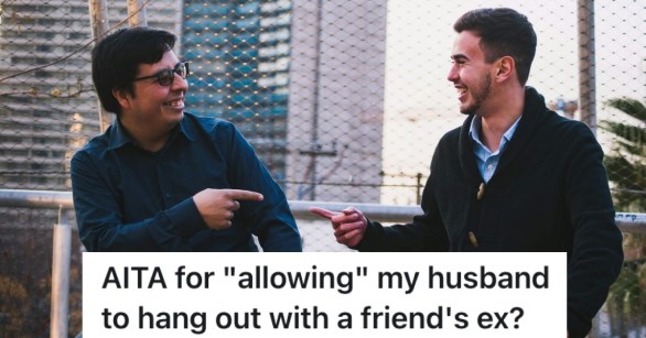 two men laughing and pointing at each other.