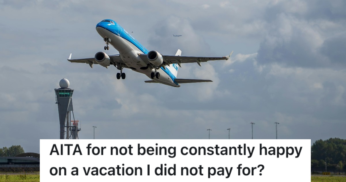 His Elderly Friend Invited Him On An All Expenses Paid Trip With Her, But Then She Made His Life Horrible By Expecting Him To Be Happy All The Time commercial airplane taking off