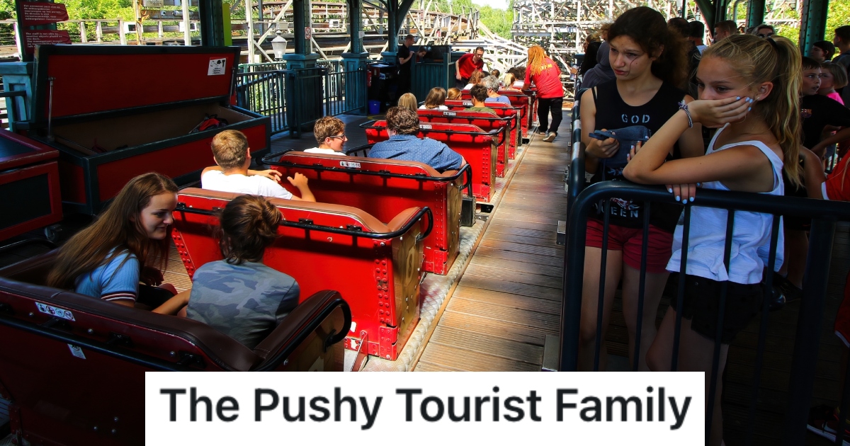 A Rude Customer At An Amusement Park Pushed An Employee, So They Knocked Him Over And Got Fired people waiting on a roller coaster