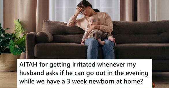 A frustrated mom on a couch with her baby