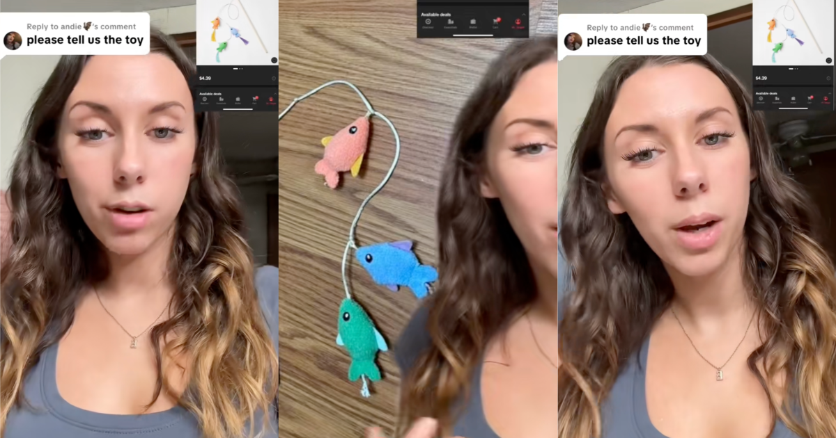 woman talking about cat toys