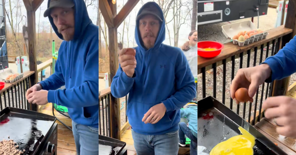 man making eggs on a grill