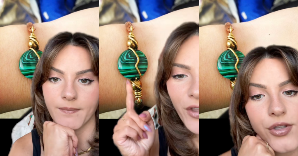 woman talking about a bracelet