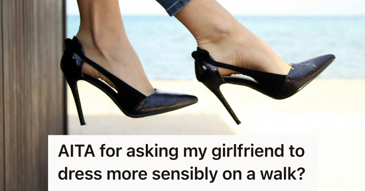 He Told His Girlfriend To Dress More Sensibly For Their River Trail Walk, But She Accused Him Of Being Controlling woman wearing high heels by the water