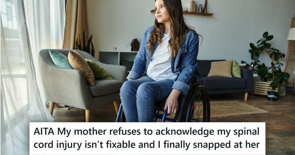A young woman in a wheelchair at home