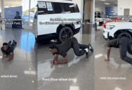 Car Salesman Demonstrates The Differences Between All-Wheel Drive, Front-Wheel Drive, And Rear-Wheel Drive Vehicles