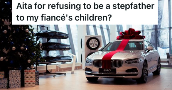 A new car with a ribbon by a Christmas tree