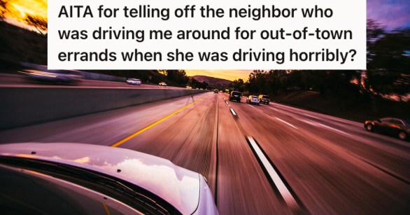 A car driving down the highway at sunset