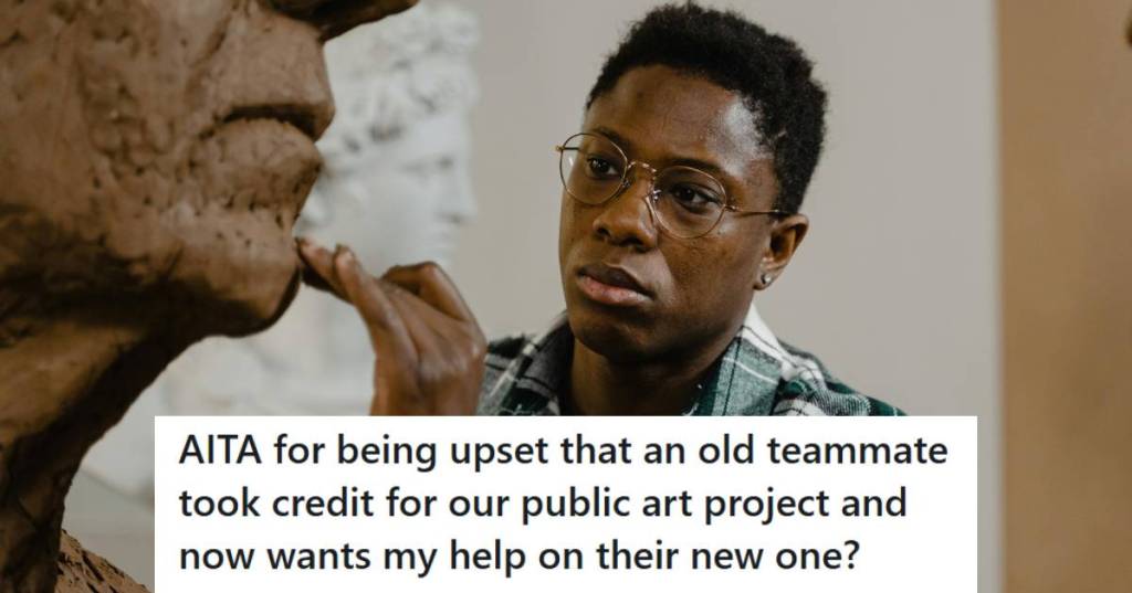 Artist sculpting a large sculpture as part of a collaborative project