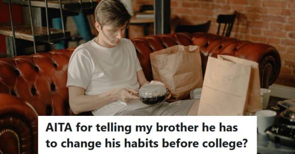 Man sitting on the couch eating food in his boxers and a tee