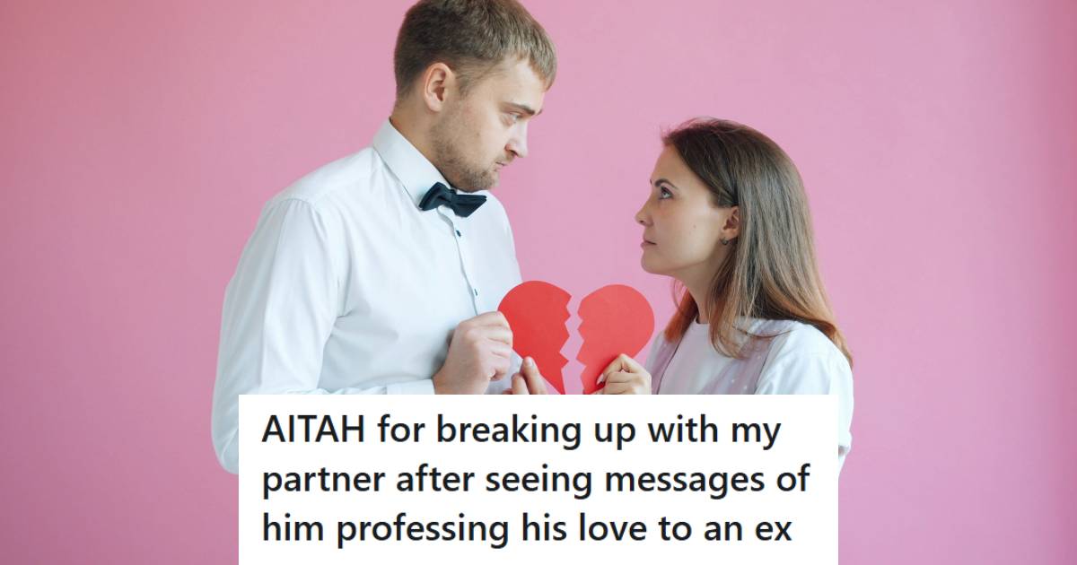 Woman and man who are broken up holding a broken heart in front of pink background