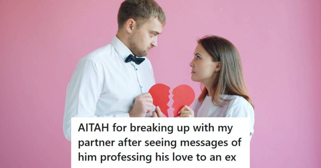 Woman and man who are broken up holding a broken heart in front of pink background