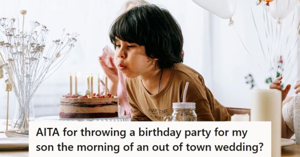 Young boy blowing candles at a birthday brunch