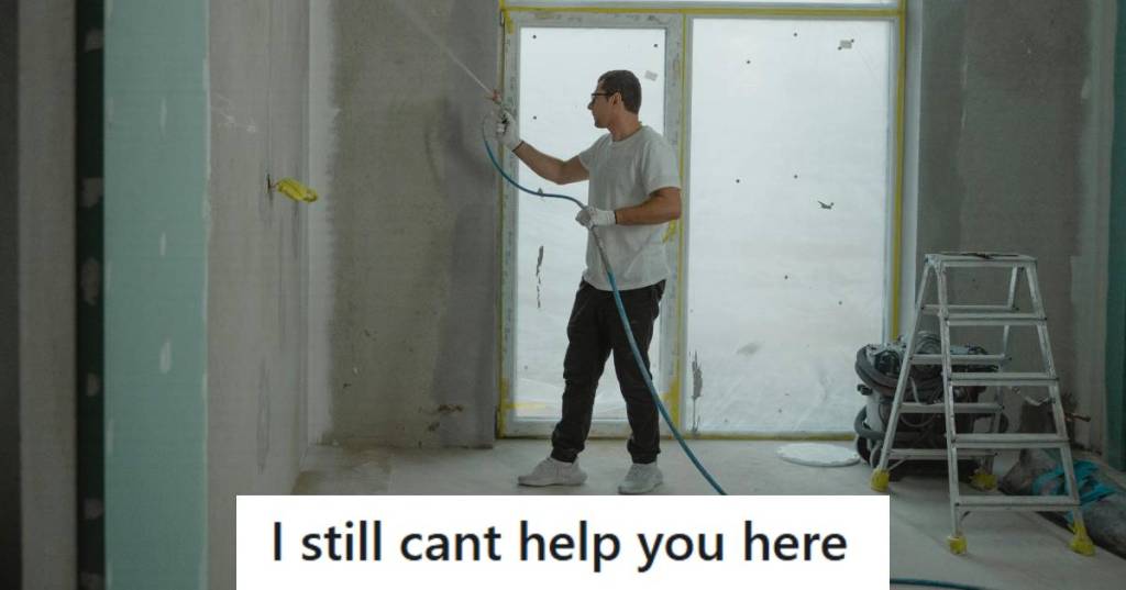 Man using a sprayer to paint the drywall in his remodeled home