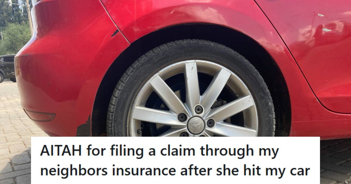 Red car with damage on the side of it after getting backed into