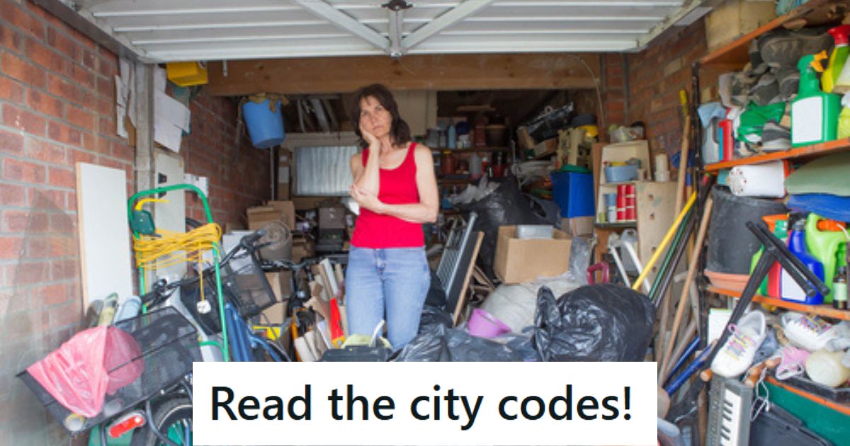 Woman standing in messy garage