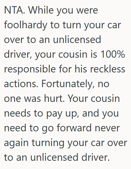 Comment 3 39 Her Unlicensed Cousin Crashed Her Car, And Thinks She Should Say She Was Driving Instead Of Making Him Pay For It