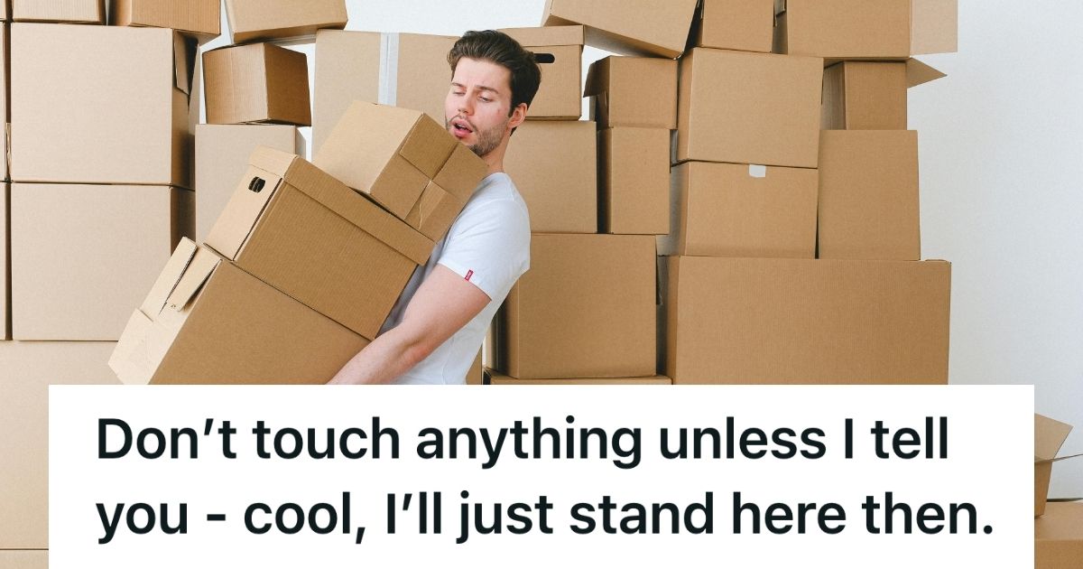 Many holding pile of cardboard boxes and a bunch of them are behind him