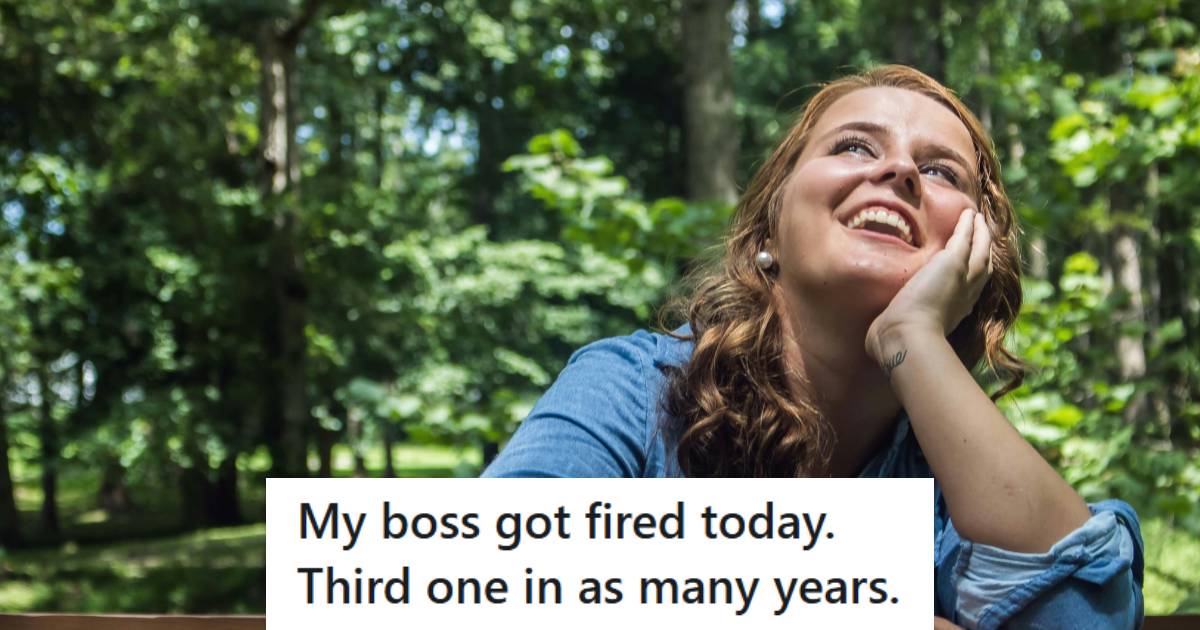 Woman smiling as she thinks about the crazy reasons her bosses were fired. 