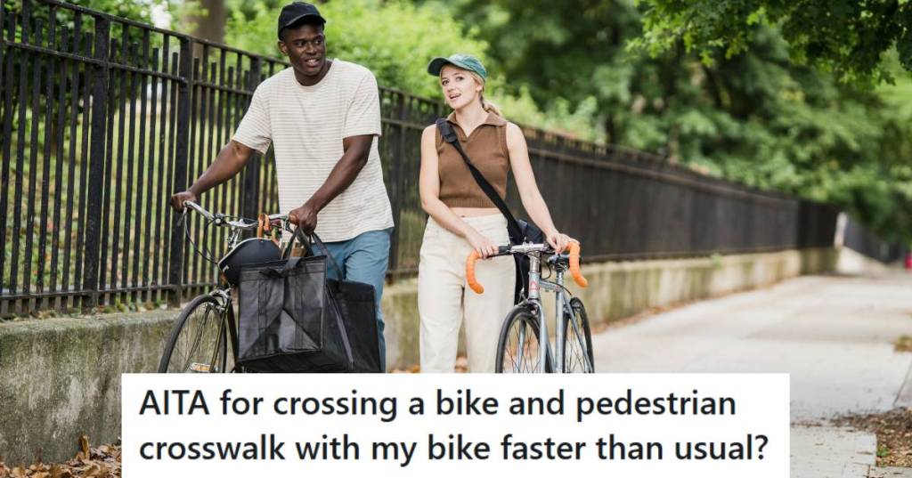 Woman and man walking their bicycles down the road