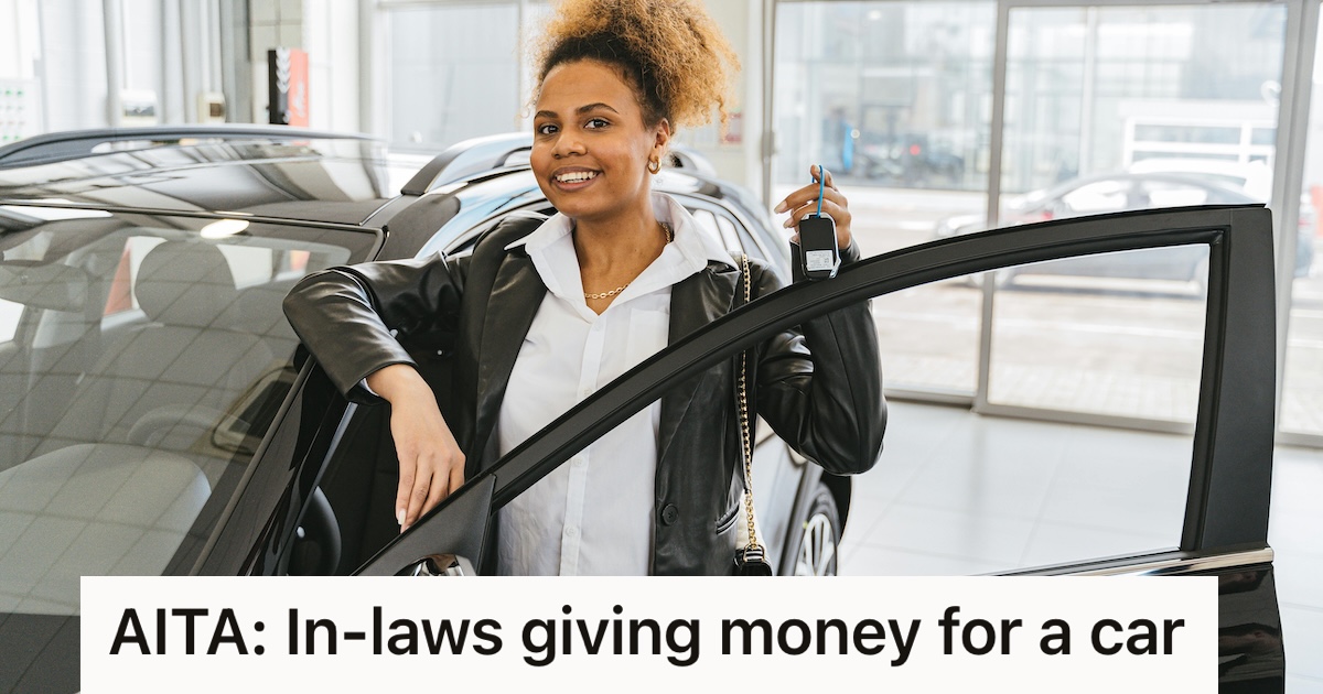 Woman in car dealership holding car keys next to a new car