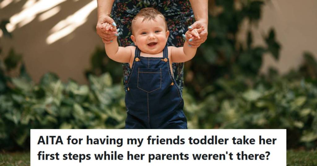 Woman holding a toddler by the hands, helping her take steps