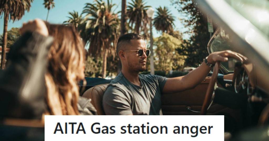 Upset man driving a car and waiting to get in the gas station which is blocked