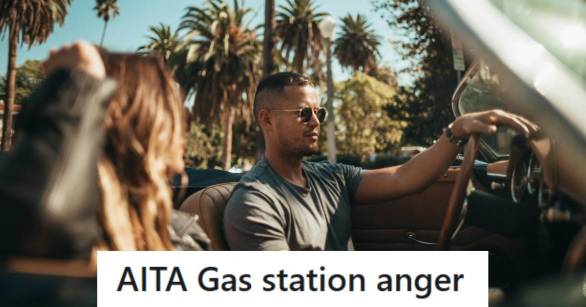 Upset man driving a car and waiting to get in the gas station which is blocked