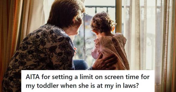 Grandma and her toddler granddaughter looking out a window at home