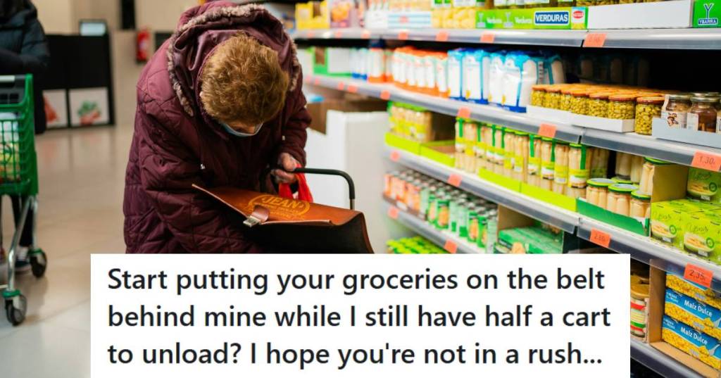 Elderly woman putting groceries in a bin before checking out